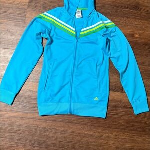 adidas Blue Hooded Zip Jacket with White and Lime Stripe Accent